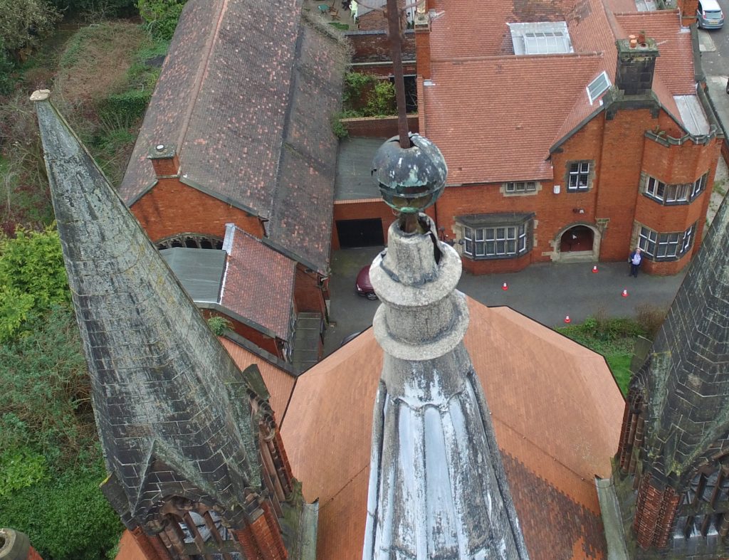 Ball at top of spire very corroded, not visible from the ground.
