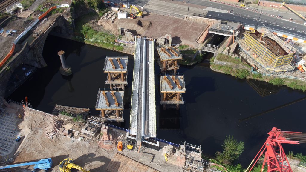 Close-up of site around new River Irwell footbridge. October 2016.