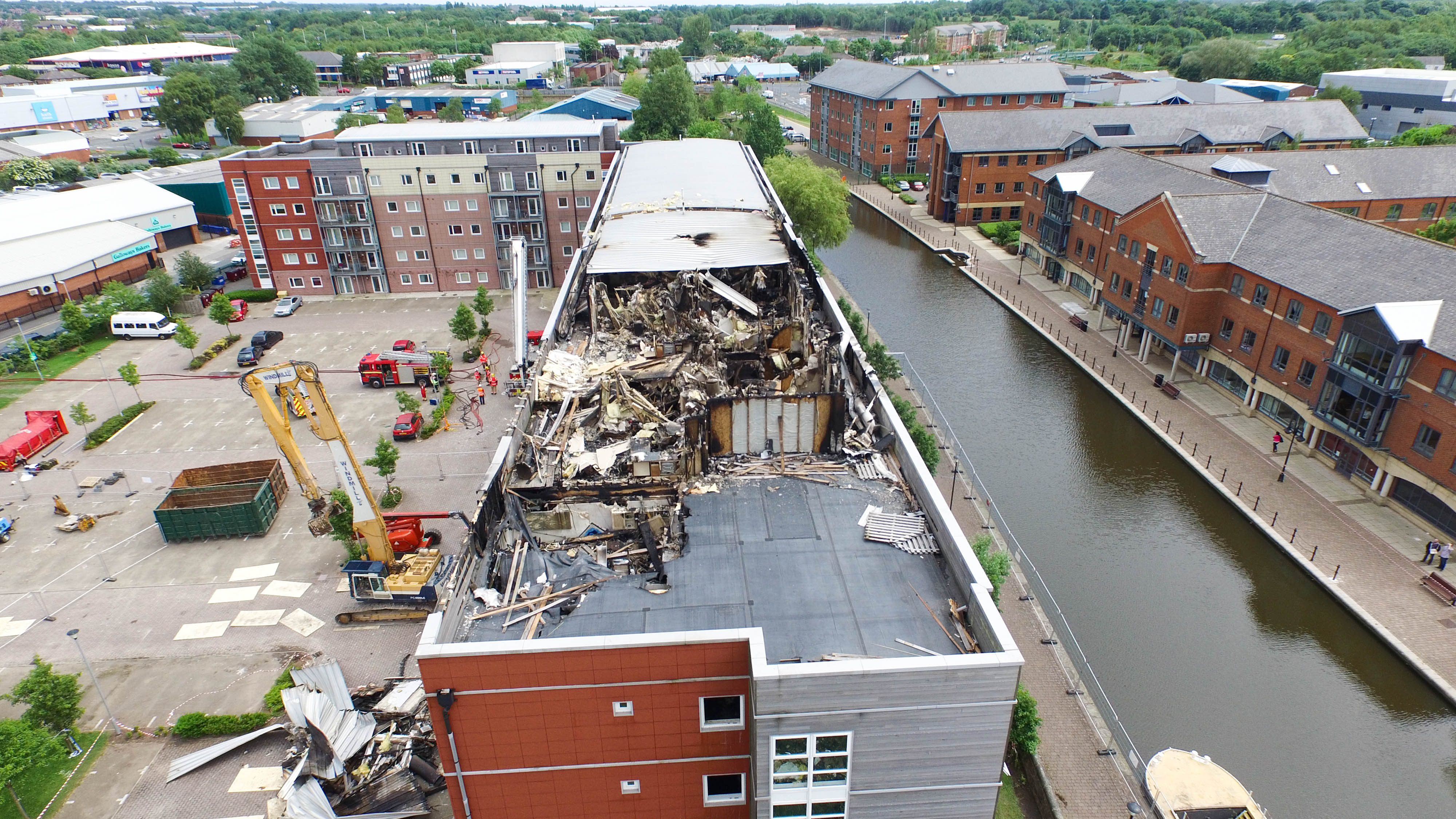 wigan, fire, wharfside, BBC, news, aerial, video, tv